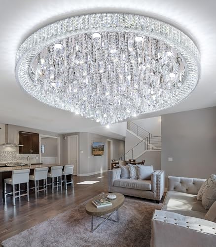 47" Modern Chandeliers LED Dimmable Crystal Flush Mount Ceiling Chandeliers for Living Room High Ceiling Entrance Foyer Lobby Bedroom Silver (Silver / 47.2" Width)