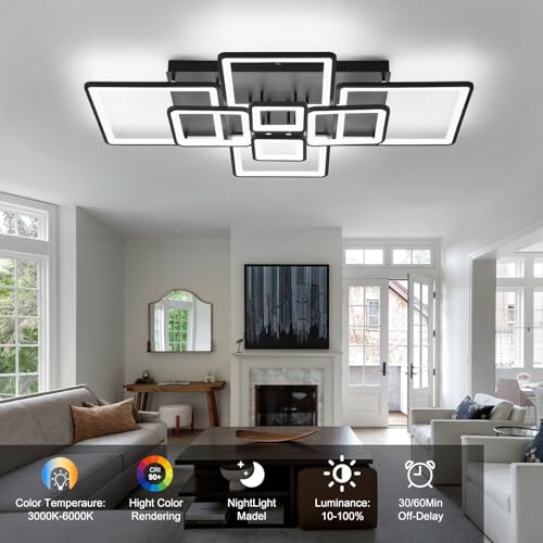 Modern LED Ceiling Lights Fixture Dimmable Flush Mount Black Acrylic 8 (Black1 / 8 Rings)