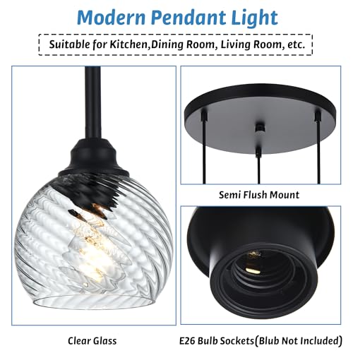 3 Light Black Cluster Pendant Light with Striped Swirl Globe Glass Pendant Lighting for Kitchen Island (Transparent / 3-Light-Round Cluster)