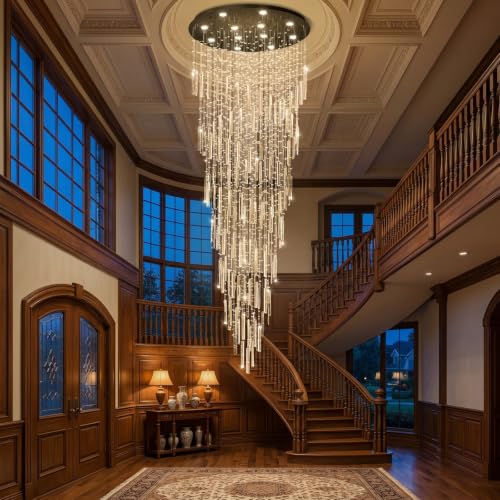 D32'' x H100'' Modern Crystal Chandelier High Ceiling Chandeliers for Entryway Glam Chandelier Large Raindrop Chandeliers LED Dimmable Light Fixtures for Staircaes Foyer Hallway Living Room Black (D32" x H100" Black)