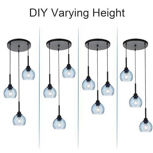 3 Light Pendant Lighting with Striped Swirl Globe Glass Blue Cluster Pendant Light for Kitchen Island (Blue / 3-Light-Round Cluster)
