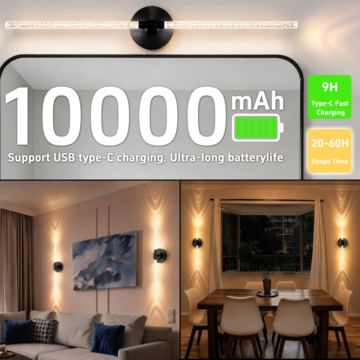 10000mAh Battery Operated Wall Sconce Lights Set of 2 (Bubble Crystal Black / Set of 2)