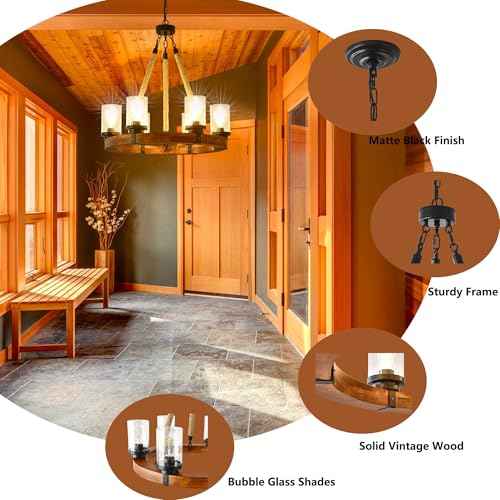 6 Light Round Wagon Wheel Chandelier Farmhouse Rustic Pendant Light Fixture with Seeded Glass Shades (Wood-600-6T-UP)