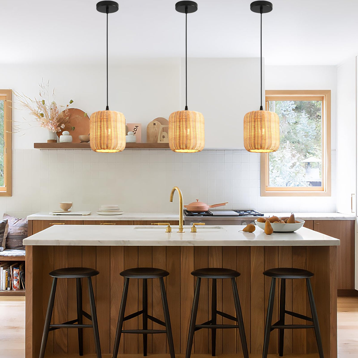 3 Pack Rattan Pendant Light (Black / 3-Pack 7.87 in)
