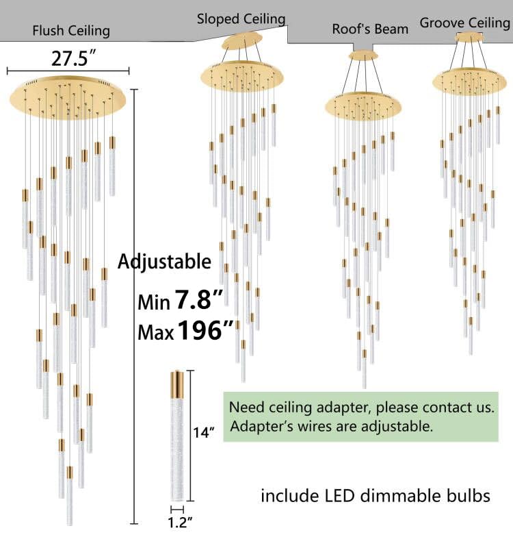 16 Foot Chandeliers for Living Room Entryway High Ceiling Light Fixtures Sloped Flush Mount Ceiling Pendant Lighting Dimmable Chandelier with Remote LED Crystal Pendants Lighting Gold Light (36 lights / Gold)