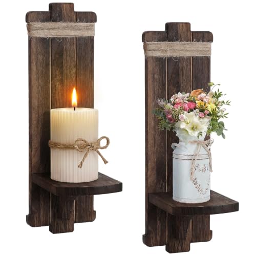 Handmade Wooden Candle Sconces Set of 2 Farmhouse Wall Decor (Brown / 5.3"L x 4.7"W x 16"H)
