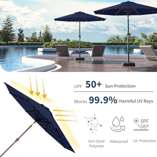 10FT Solar Umbrella 32 LED Lighted Patio Umbrella Table Market Umbrella w (Navy Blue)