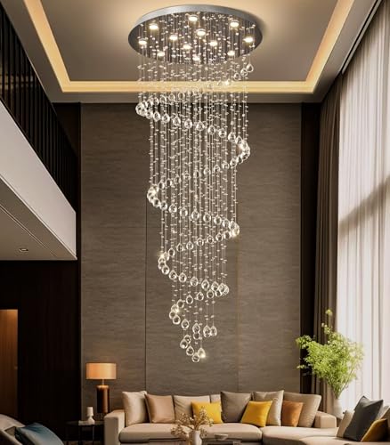 LED High Ceiling Chandelier Crystal Chandeliers Light Fixtures with Dimmable Light Bulbs Gold Living Room Foyer Chandelier Modern Pendants Lights for Entryway Staircase Silver (Silver / Spiral W32" X H78")