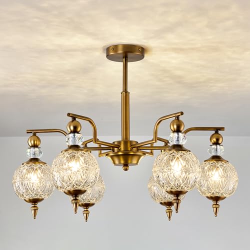Vintage Gold Sputnik Chandelier 6 Lights Crystal Adjustable Hanging Ceiling Light Fixture Antique Large Pendant Lighting with Glass Globe Shade for Living Room Dinning Room Bedroom Kitchen (Gold / 6 light)