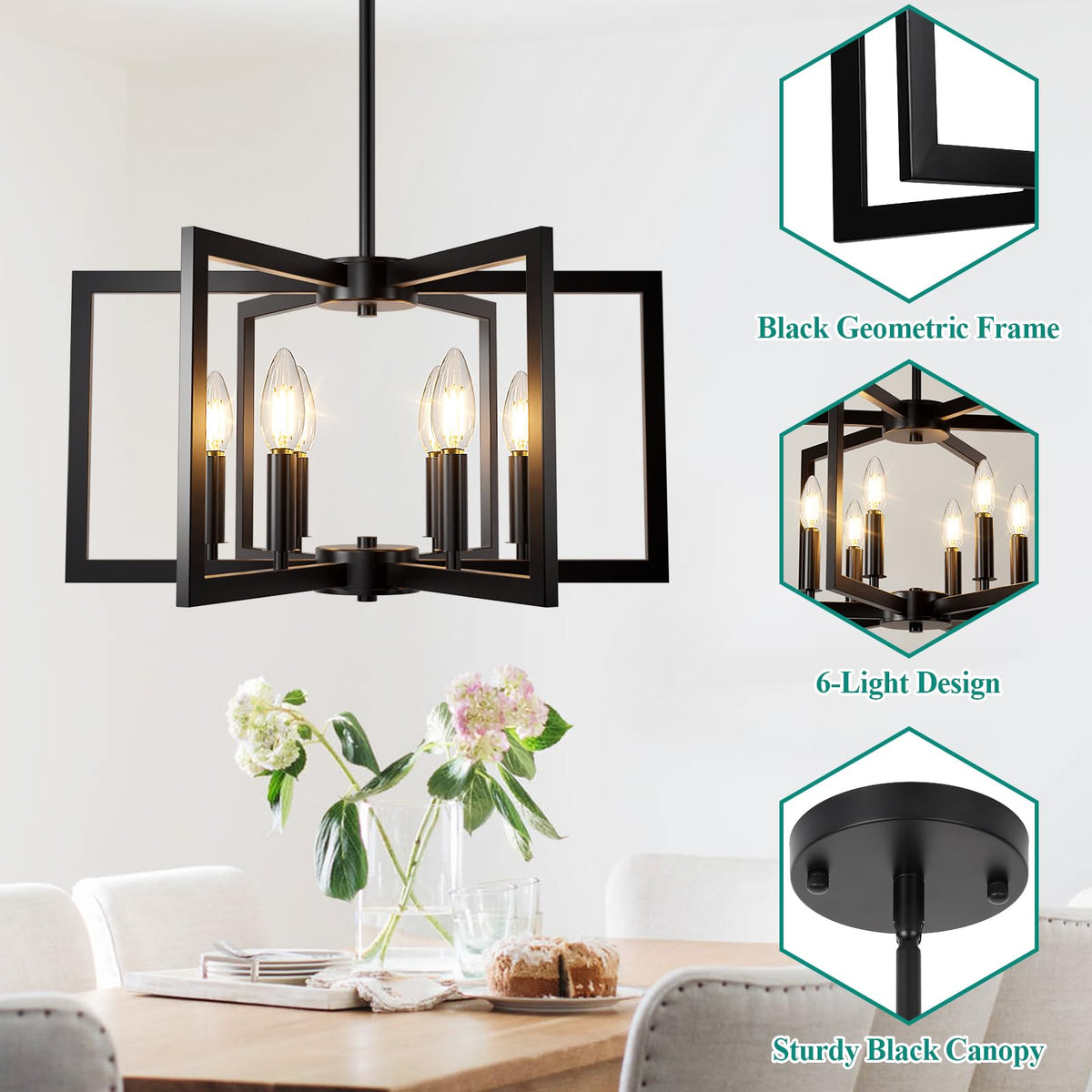 20" 62" Height Adjustable Black Kitchen Chandelier for Dining Room (Black / 6-Light)