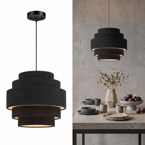 5 Tier Corduroy Pendant Light for Kitchen Island (Black)
