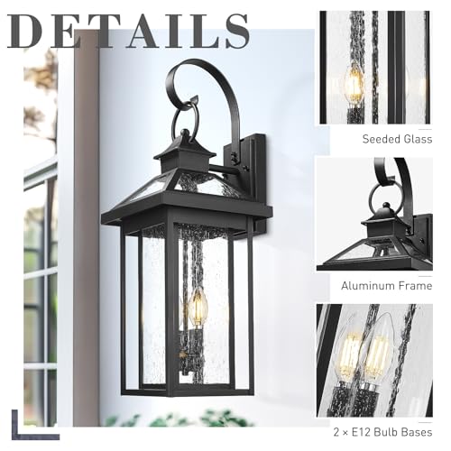 Medium Outside Wall Light Fixture (Black - Seeded Glass / 25.2 Inch - No Function)
