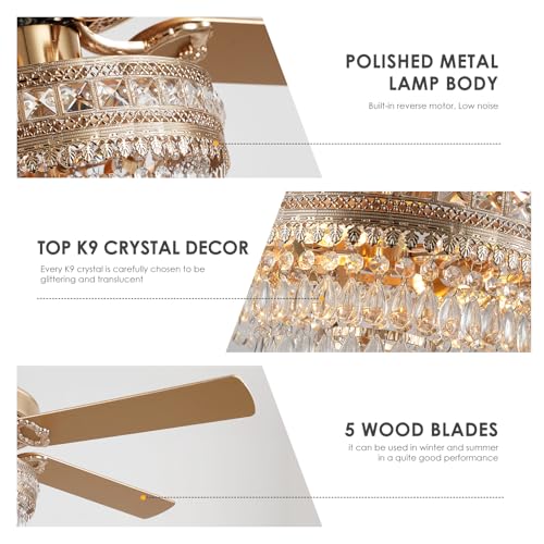 52"Golden Crystal Chandelier Ceiling Fans with Lights and Remote Control (Gold-52IN)