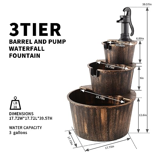 40 Inch 3 Tier Barrel Waterfall Fountain Outdoor Water Fountains Barrel Wood 3 (3-tier)