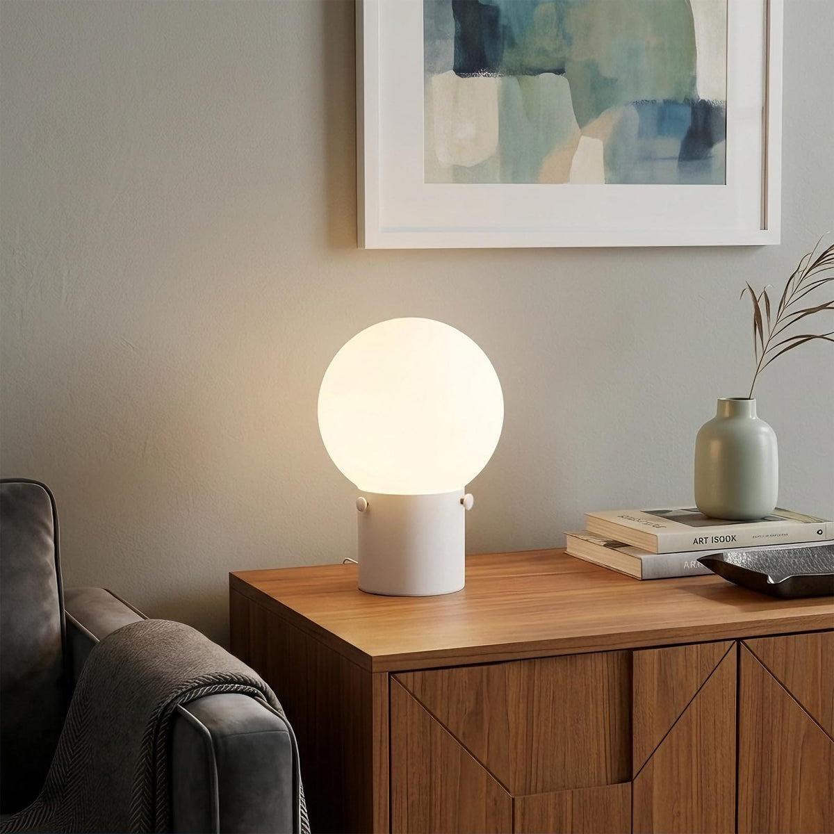 Modern White Table Lamp with Frosted Glass Globe Shade (White)