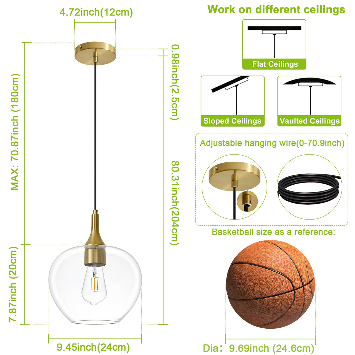 9.45in Gold Pendant Lights Kitchen Island with Clear Glass Shade 1Pack (Gold-Clear Glass)