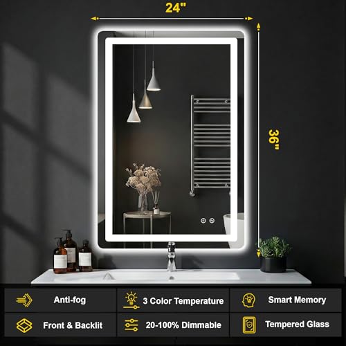 LED Bathroom Mirror with Lights (3 Light Modes / 36"L x 24"W)