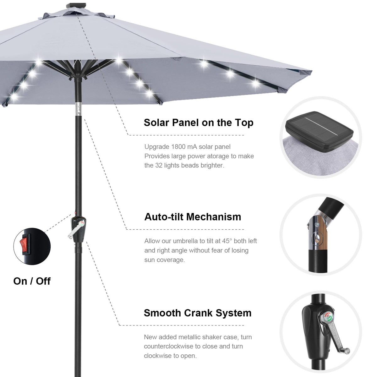 Solar Led Patio Umbrella with 32 Lights 10FT (LED Umbrella / 10ft / Gray)