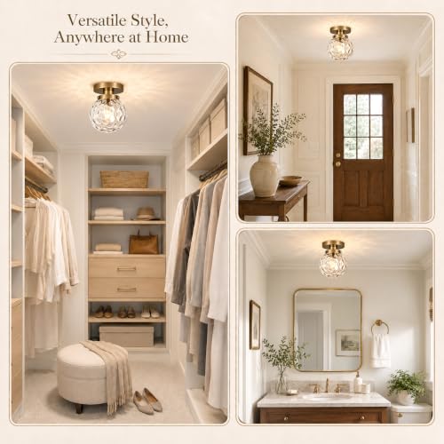 Small Semi Flush Mount Ceiling Light Fixtures (Gold & Clear Harmmered Glass / 6in-1 light)