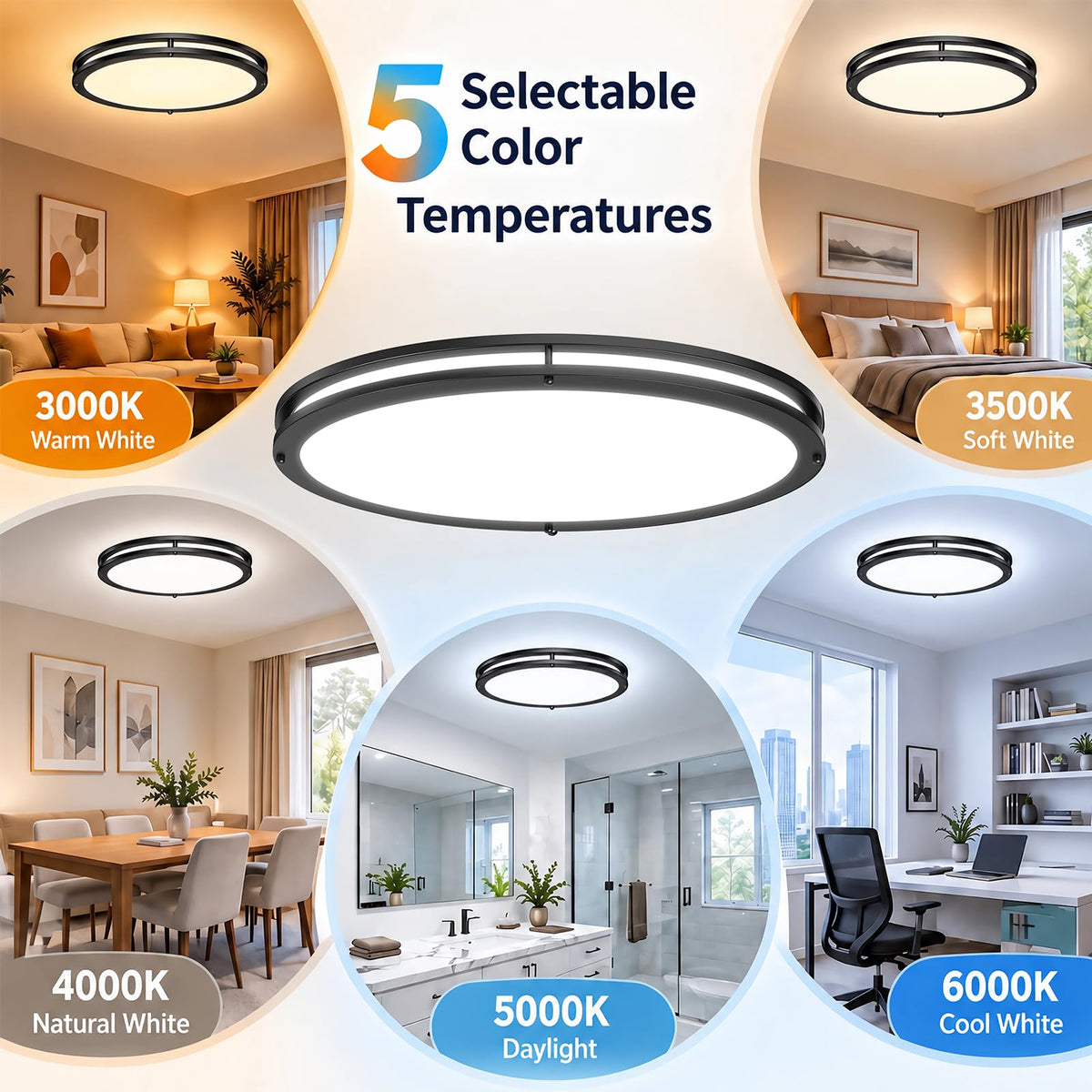 2 Pack 24 Inch Oval Flush Mount Ceiling Light Fixtures 40W 5CCT Selectable (Black / 24 Inch)