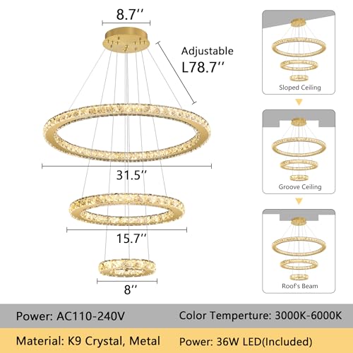 Modern Crystal Chandelier Dimmable LED Ceiling Light Fixture 3 Ring Adjustable Stainless Steel Chandeliers for Dining Room Living Room Bedroom Gold (Gold / 3-Ring 24")