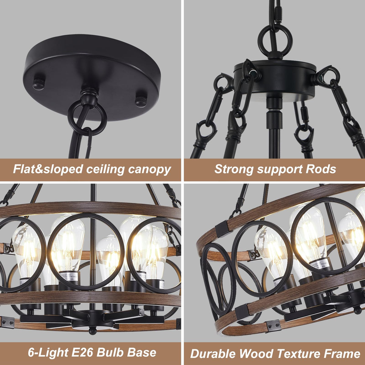 21" Dining Room Light Fixture (Black & Wood Grain-21"(Easy To Install) / 6-Light)