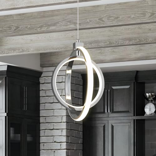 Modern LED Chandelier Chrome Ring Pendant Light Fixtures 4000K Dimmable Height Adjustable Pendant Lighting for Dining Room Kitchen Island Bedroom Living Room Foyer（Chrome Round 3 (Chrome / Round-3Pack)