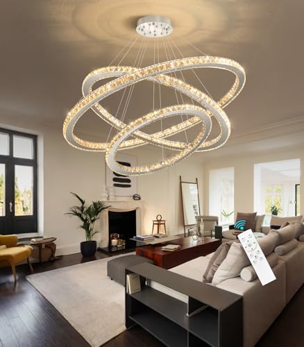 Modern Crystal Chandelier Dimmable LED Ceiling Light Fixture Luxury 3 Ring Stainless Steel Pendant Light for Living Room Dining Room Foyer Silver (Silver / 3-Ring 40")