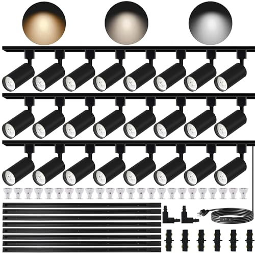 GU10 LED Track Lighting Kit H Type Plug in Dimmable White Spotlights (Black 3CCT / 24 Head Big Kit)
