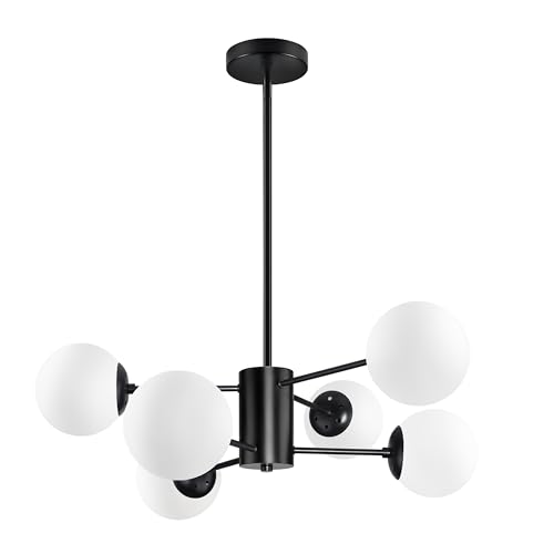 5 Light Globe Sputnik Chandelier Mid Century Sputnik Chandeliers Modern Black Globe Pendant Light Matte Black Finished with White Frosted Glass Lampshade for Dining Room Bedroom Kitchen