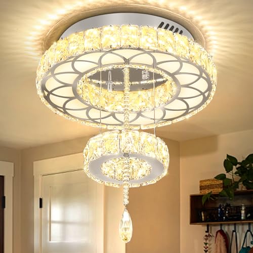 Dia 12" Crystal Mini Chandelier Crystal Silver Ceiling Light Fixtures LED Flush Mount Ceiling Light for Living Room Bedrooms Dining Room Dimmable 2700k 4500k 6000k (Silver / W:12inches)