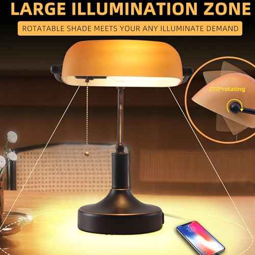 Vintage Bankers Desk Lamp with Pull Chain Switch (Amber)