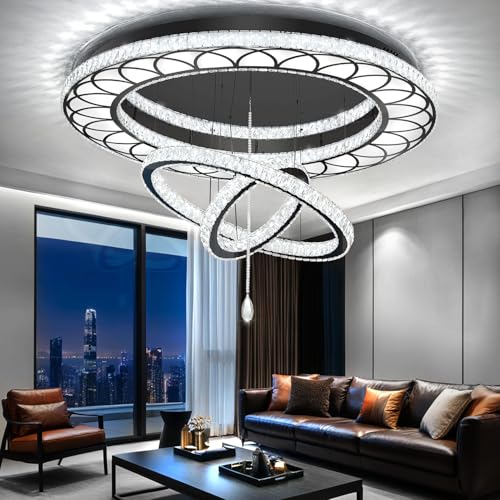 Large 48in Crystal Ring Chandelier Modern Black Crystal Chandeliers LED Dimmable Flush Mount Chandelier Crystal Ceiling Light for Living Room Bedroom Foyer (Black / W:48inches)