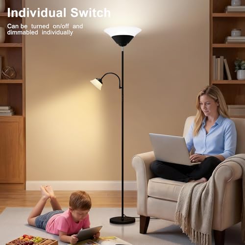 2-in-1 Torchiere Floor Lamp, 34W Super Bright LED Standing Lamp with Remote & Touch Control, 72" Dimmable Adjustable Corner Reading Lamp for Living Room, Bedroom, Office, Black (Black)