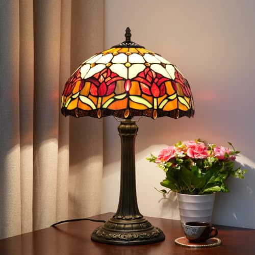 Red Tulip Tiffany Style Stained Glass Table Lamp Bed Room Bedside Reading Desk Light for Living Office Dormitory Bar Retro Unique Cute Accent Decor Cottage 12" Village Gift Nightstand Lamps (Red Tulips)