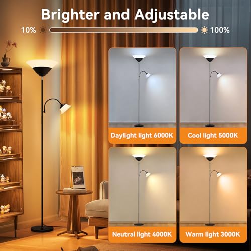2-in-1 Torchiere Floor Lamp, 34W Super Bright LED Standing Lamp with Remote & Touch Control, 72" Dimmable Adjustable Corner Reading Lamp for Living Room, Bedroom, Office, Black (Black)