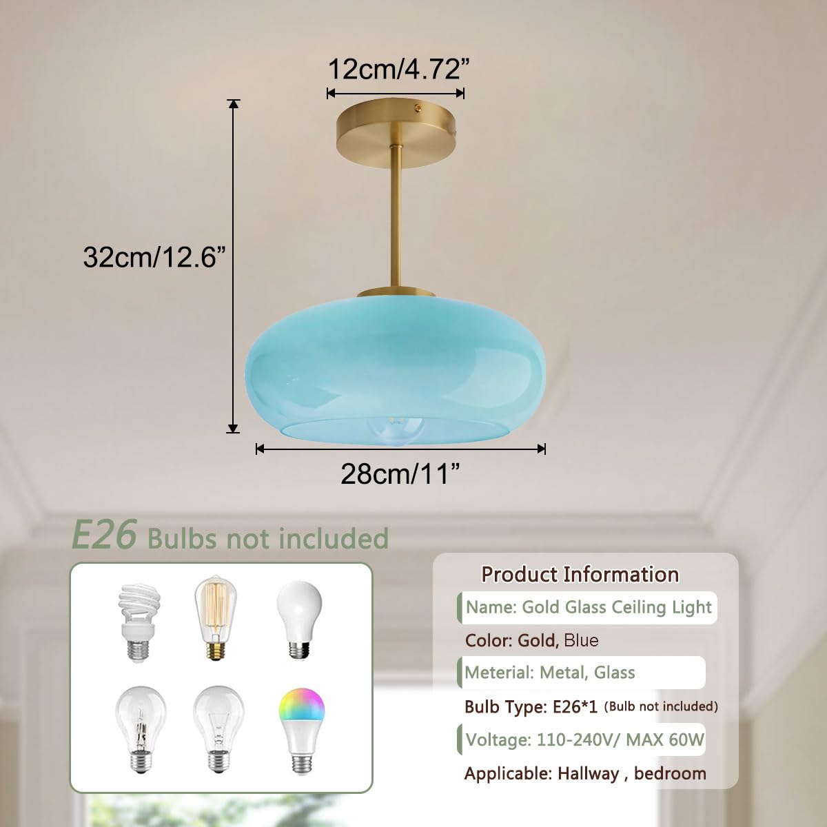 Milk Blue Mid century Light Hardwired Overhead Mount Ceiling Lights (Blue-2)