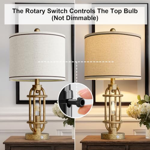 23.75'' Table Lamps Set of 2 for Living Room Bedroom Industrial Farmhouse Metal Touch Lamps with USB A+C Ports (23.75'' Champagne Gold - Set of 2)