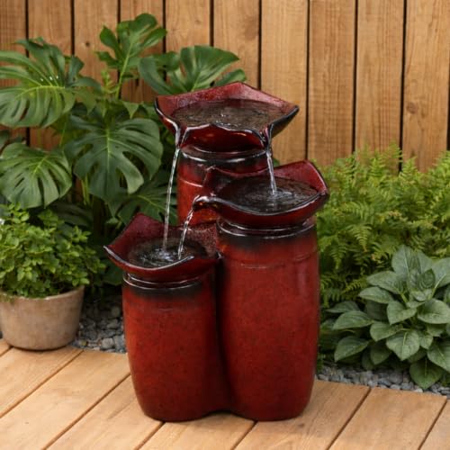 3 Tiered Floor Water Glazed Pots Fountain with LED Lights and Pump for Outdoor Patio Garden Backyard Decking Décor (Gradient Red)