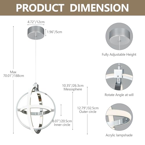 Modern LED Pendant Light Chrome Pendant Lights 4000K Dimmable External Glow Height Adjustable Pendant Lighting for Kitchen Island Dining Room Bedroom Living Room Foyer（3 (Chrome / Round-3 Ring External Glow)