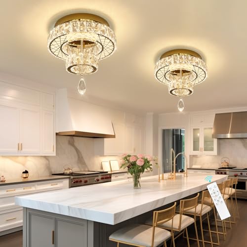 Modern Glam Ceiling Chandelier Bedroom Light Fixtures Crystal Flat Sloping Ceiling Lights for Hallway Kitchen Dining Room Dimmable Light with Remote Gold (12 inch / Gold)