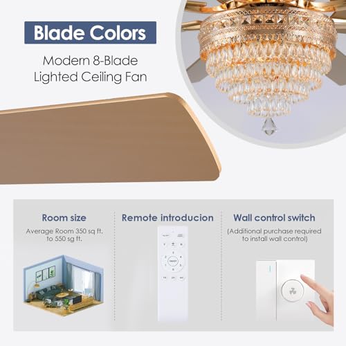 72"Large Golden Crystal Chandelier Ceiling Fans with Lights and Remote (Gold-72IN)