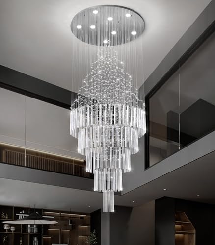 W24 x H78 Crystal Glam Chandelier Long Light Chandeliers with Dimmable Light Bulbs High Ceiling Light Fixtures for Foyer Entryway Living Room Stair Silver (Silver / Round W24" X H78")