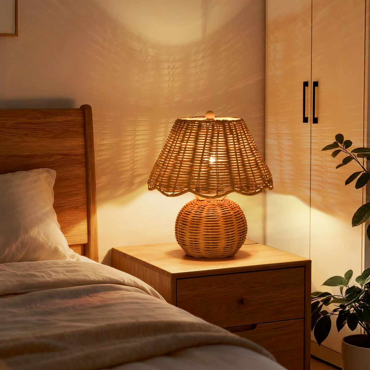Rattan Small Bedside Mini Table Lamp for Bedroom (Rattan-Dark / On/Off Switch)