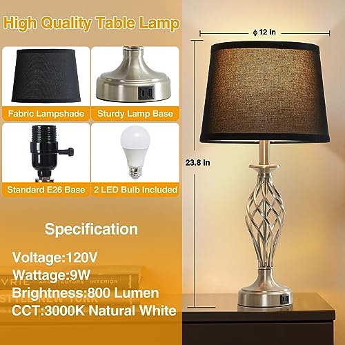 Table Lamp for Bedroom Set of 2 with USB C+A Ports (Silver Base + Black Lampshade)