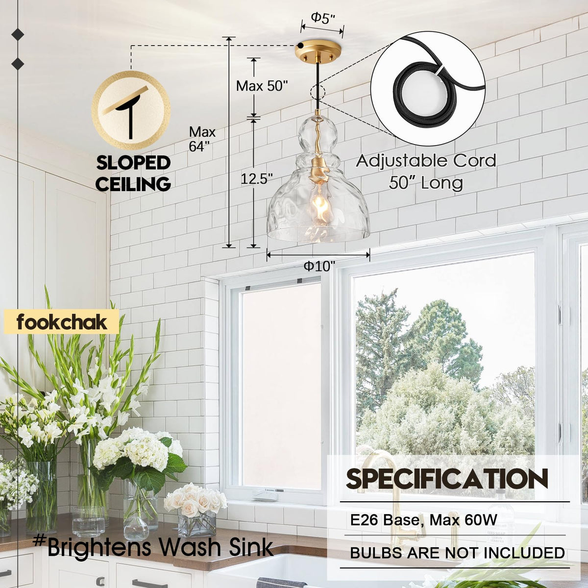 Hammered Glass Pendant Light Gold Pendant Lights Kitchen Island 10in Large Brass Kichen Island Light Over Sink Glass Ceiling Pendant Light for Entry Hallway Dining Room (Gold)