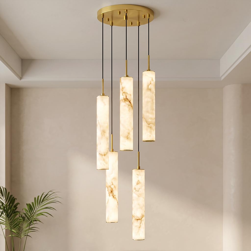 Natural Alabaster Pendant Lights for Kitchen Island White Marble Long Tube Chandelier 4000K Modern Gold Ceiling Light Fixtures for Bedroom Dining Room Table Living Room Hallway (Gold-NeutralLight / 13.9in-5Light)