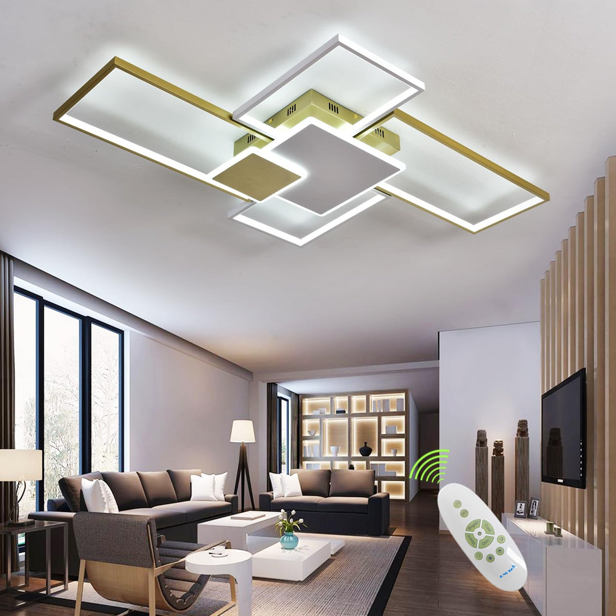 Modern Ceiling Lights for Living Room Gold Geometric LED Ceiling Light Flush Mount (Gold / Large,L43xW28in)