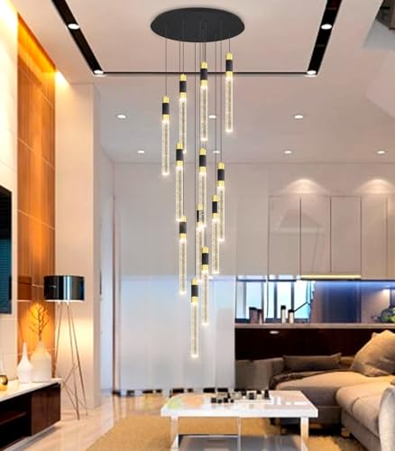 118inch 12 Lights Modern Chandeliers for Living Room LED Dimmbale Light Fixture Entryway High Ceiling Light Pendants Lighting for Dining Room Hallway Staircase with Remote Dimming Chandelier (12 lights Cylindrical)