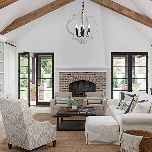 6 Light 21" Farmhouse Orb Chandelier Rustic Handmade Distressed White Wood Hanging Ceiling Pendant Light Fixture Wood Lantern Chandeliers for Dining Room Kitchen Bedroom Foyer Hallway (Textured-White / D21" x H21" 6-Light)